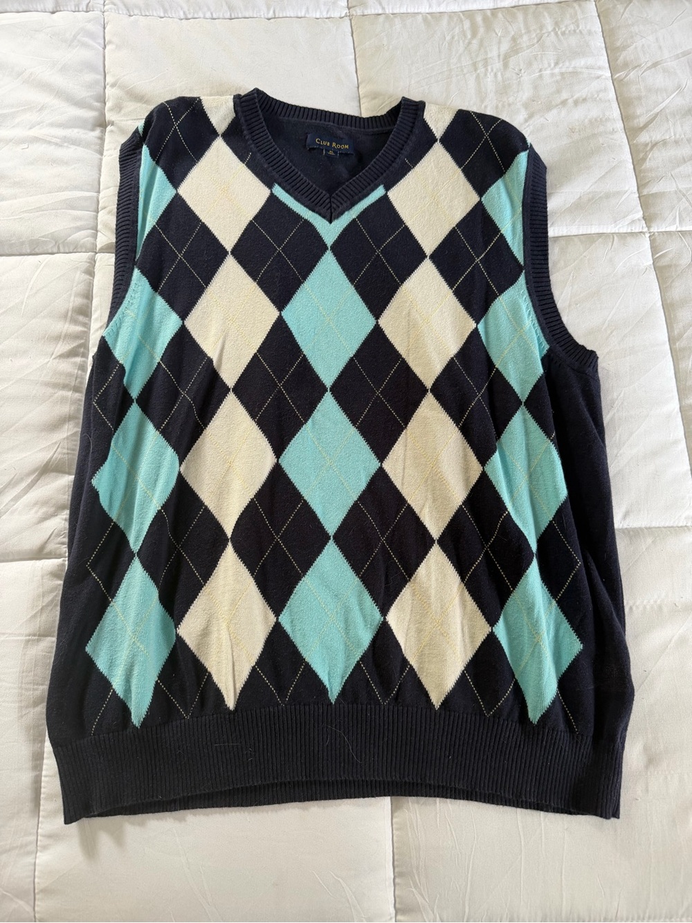 Club Room Navy, Cream & Aqua Argyle V-Neck Sweater Vest
